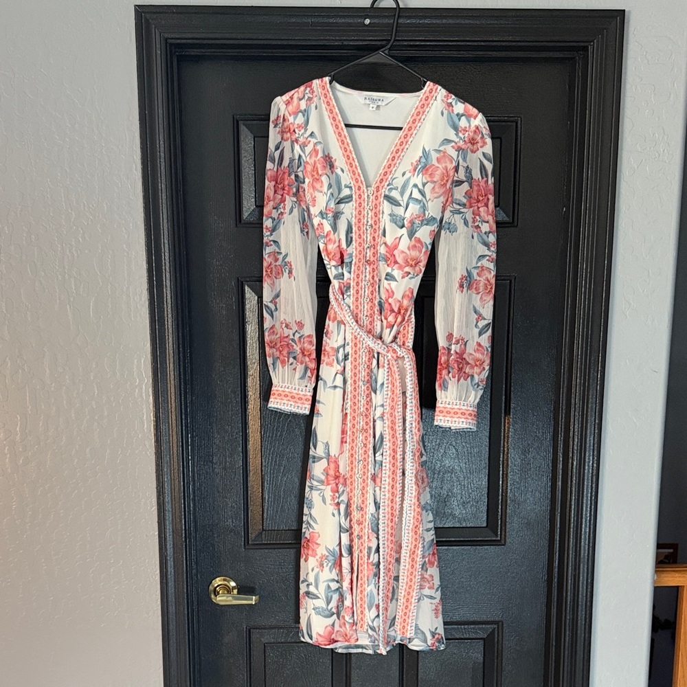 Raishma Naomi Floral Printed White Midi Dress w/ Belt Women’s Size 8